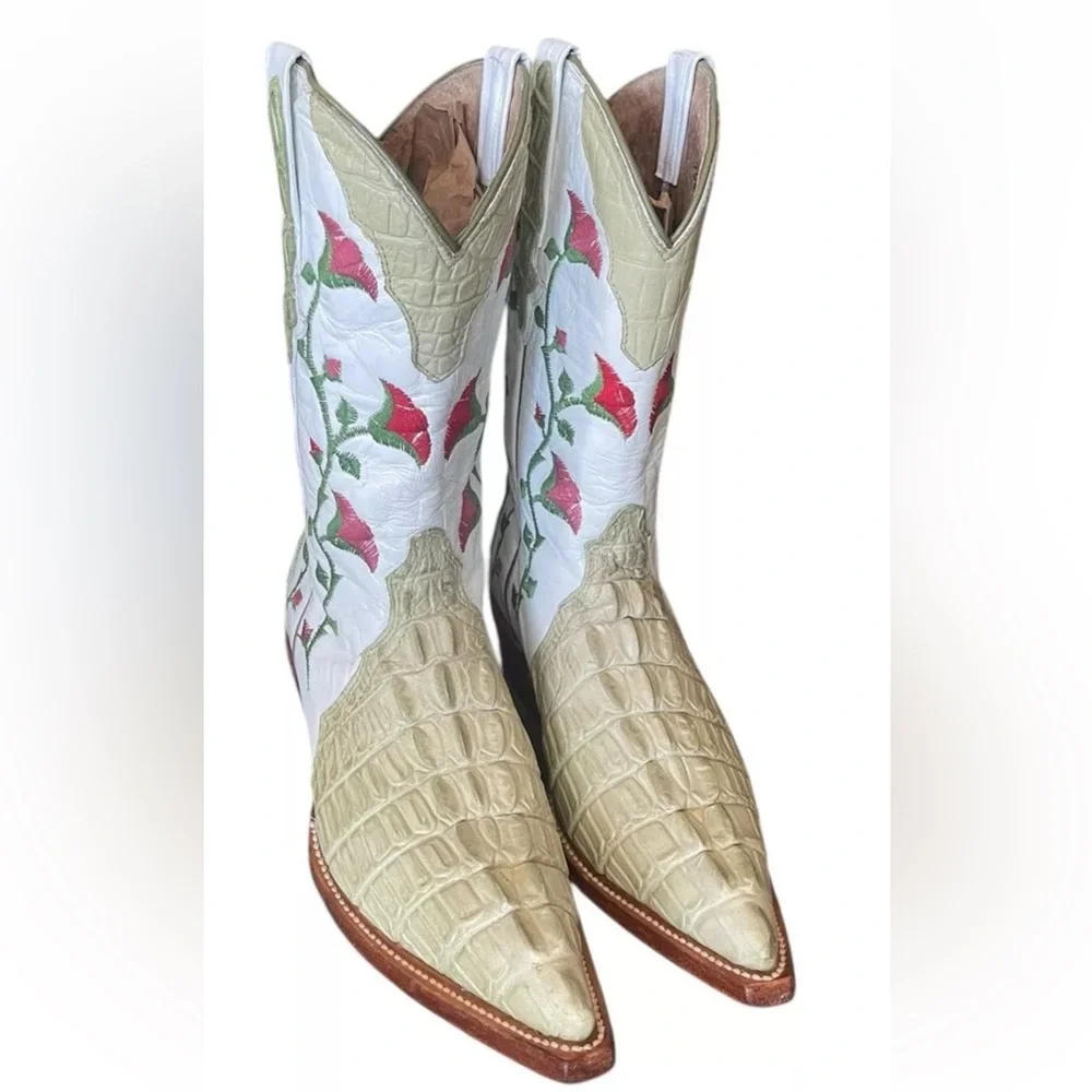 Botas Aguila Real Crocodile Boots Green Floral Leather Women’s Size 4.5